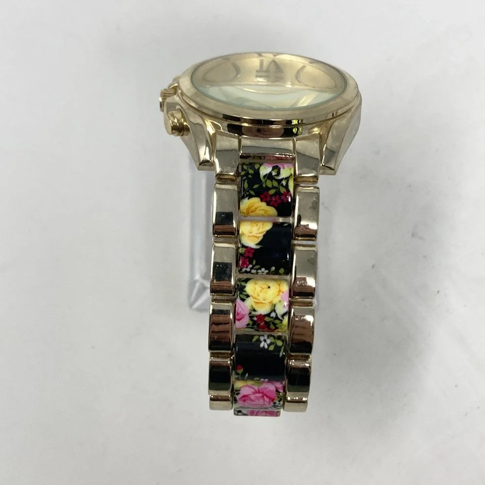 Icing Women's Watch Floral Band Black Pink 37mm Gold Tone New Battery 7.5